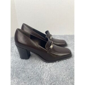 Nine West Ravon Loafers Women 8.5 Brown Leather Block Heel Square Toe Brazil